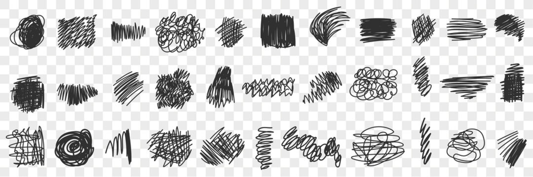 Written by pen or pencil Scribbles drawings doodle set. Collection of hand drawn scribbles of various patterns straight lines geometrical shapes isolated on transparent background