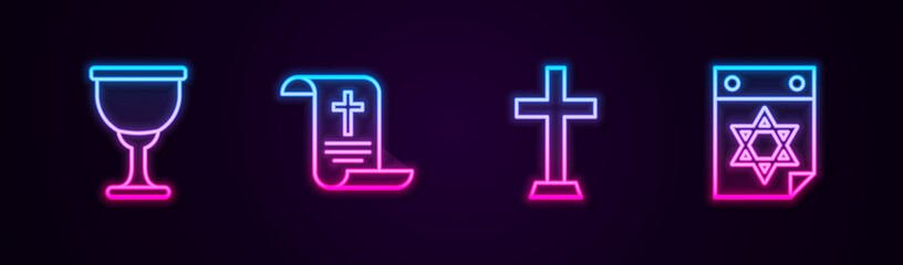 Set line Holy grail or chalice, Decree, paper, parchment, scroll, Christian cross and Jewish calendar. Glowing neon icon. Vector.