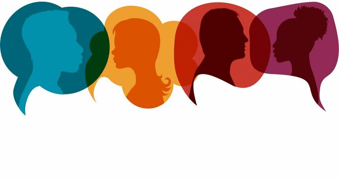 Colorful speech bubble animation. Communication or discussion between group of different people or colleagues. Multiethnic people talking. Social network. Teamwork. Copy space