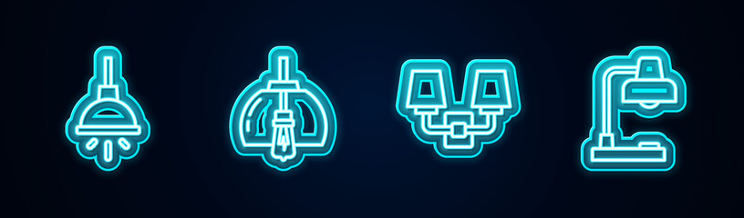 Set line Chandelier, , Wall lamp or sconce and Table. Glowing neon icon. Vector.