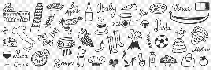 Symbols of Italy doodle set. Collection of hand drawn Italian boots pizza coffee wine sightseeing scooter gondola map mask of carnival cheese volcano pasta isolated on transparent background