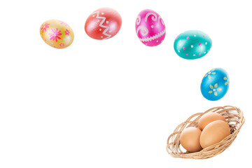 Five easter eggs in air trendy colored classic blue, green, orange, purple and golden decorated on white background. Copy Space.