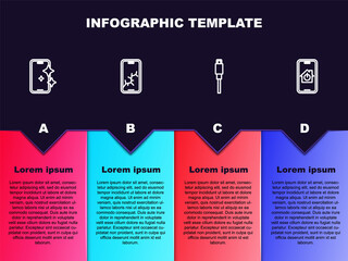 Set line Glass screen protector, Mobile with broken, USB cable cord and smart home. Business infographic template. Vector.