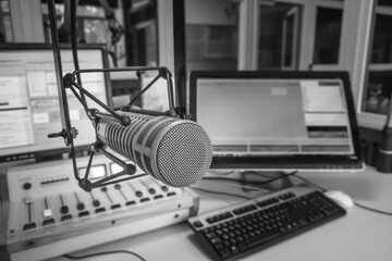 Radio station studio: Microphone and sound mixer