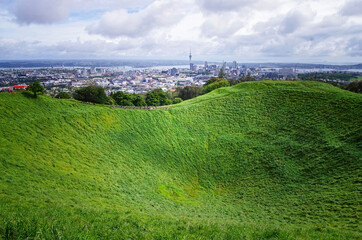 Crater hill on the top of Mount Eden. Auckland view in New Zealand.