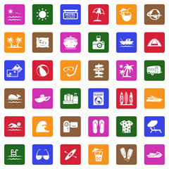 Vacation Icons. White Flat Design In Square. Vector Illustration.