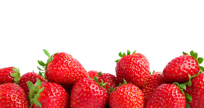 Pile of delicious fresh red strawberries on white background