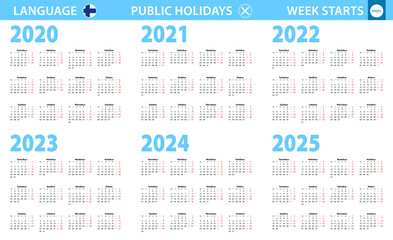 Calendar in Finnish language for year 2020, 2021, 2022, 2023, 2024, 2025. Week starts from Monday.