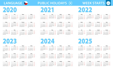 Calendar in Czech language for year 2020, 2021, 2022, 2023, 2024, 2025. Week starts from Monday.