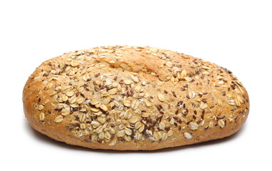 Integral wheat rye bread loaf with seeds (linseed and oats) isolated on white background