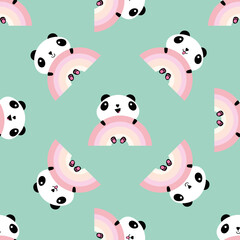 Kawaii panda rainbow seamless vector pattern background. Backdrop with cute black and white sitting cartoon bears holding on to pastel rainbows. Laughing and smiling animals. All over print for kids