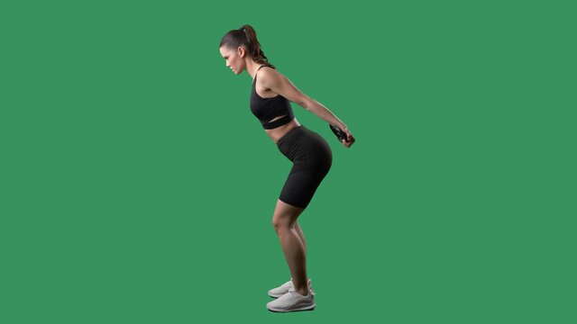 Side view of athletic woman doing cobra curl triceps weight lifting exercise. Full body on chroma key green screen. 