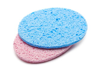 Clean new blue and pink cosmetic makeup applicator sponges isolated on white background