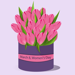 Vector. Design for the day of March 8, international women's day. Realistic 3d bouquet of pink tulips in a round purple box. Banner, web poster, flyer, stylish brochure, postcard, cover, branding.