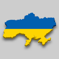 3d isometric Map of Ukraine with national flag.