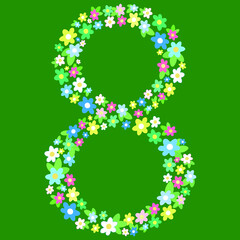 Number 8 from multicolored flowers on a green background