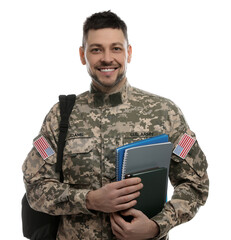 Cadet with backpack and notebooks isolated on white. Military education