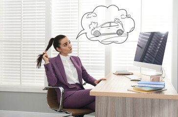 Young woman dreaming about new car in office