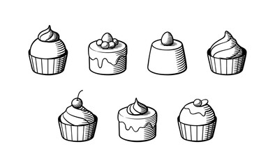 Set of sweet delicious cakes with cream and berries. Black and white vector illustration in retro style