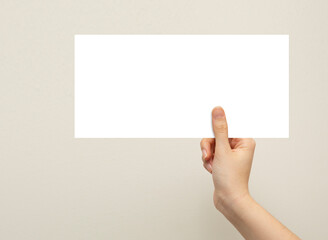 front view, woman hand holding white paper on isolated background