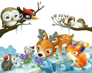 cartoon scene with christmas animals in the forest near the stream illustration