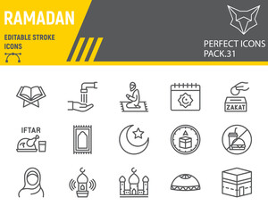Ramadan line icon set, islam collection, vector graphics, logo illustrations, Happy Ramadan vector icons, arabic signs, outline pictograms, editable stroke.