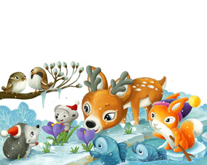 cartoon scene with christmas animals in the forest near the stream illustration