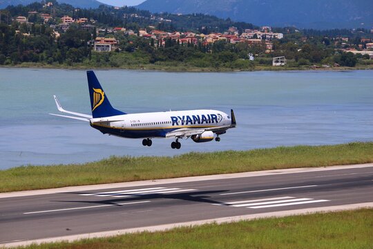 CORFU, GREECE - JUNE 5, 2016: Ryanair Boeing 737-800 arrives at Corfu International Airport, Greece. Ryanair is one of largest operators of Boeing 737 with fleet of 354 aircraft.