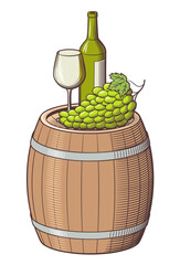 Bottle of white wine, empty wineglass and grapes placed on a barrel. Retro style colored vector illustration
