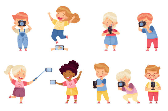 Cute Little Boy and Girl with Camera and Smartphone Taking Photo Vector Set