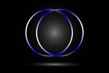 Two metallic blue circles on a black background with a light shadow. Glowing, simple logo. Metal texture. Glow on a black background. Vector illustration.