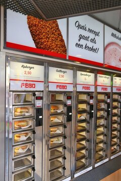 AMSTERDAM, NETHERLANDS - JULY 10, 2017: Fast food choice in Febo in Amsterdam. Febo is a popular self service Dutch fast food chain specializing in croquettes and burgers.