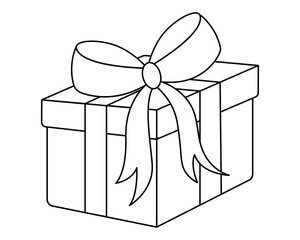 The gift in the box is tied with a bow. Sketch. Surprise box. Vector illustration. Isolated white background. Coloring book for children. Doodle style. Nice present. Delivery of holiday parcels. 