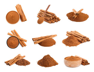 Set with aromatic cinnamon sticks and powder on white background
