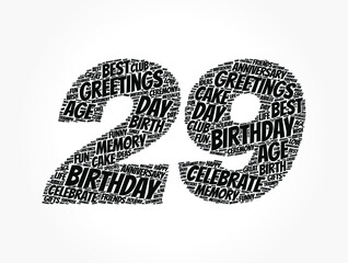 Happy 29th birthday word cloud, holiday concept background
