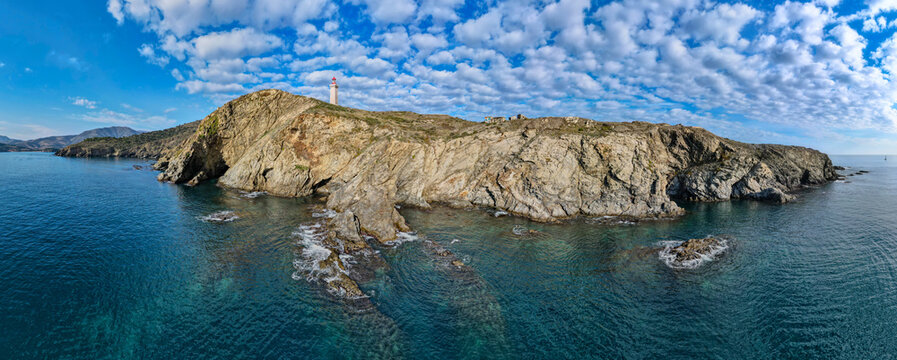 Aerial panoramic view of Cap B&eacute;ar in Banynls Occitanie France on the Mediterranean Sea
