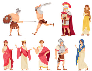 Romans Man and Woman in Traditional Ethnic Clothing with Warrior and Emperor Vector Illustration Set - obrazy, fototapety, plakaty