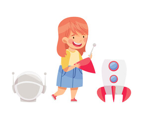 Cute Redhead Girl Playing with Spacecraft Vector Illustration