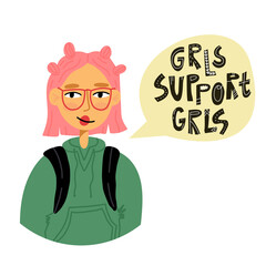 Young woman with pink hair and bantu knots hairstyle in hoodie says Grls support grls. Feminism, girls power concept.