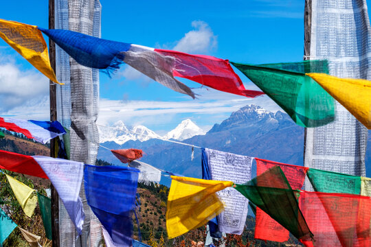 Buddhist prayer flags at Chelela Pass against snowcapped Himalayas, Bhutan