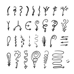 Set of arrows.Hand drawn shapes.Simple vector logos.Direction indicators, pointers and scroll elements.Collection of various doodle arrows.Isolated on white background. Vector illustration