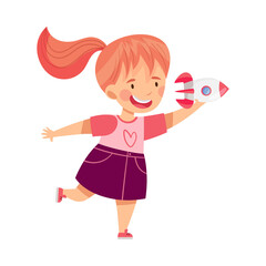 Cute Redhead Girl Playing with Toy Spacecraft Vector Illustration