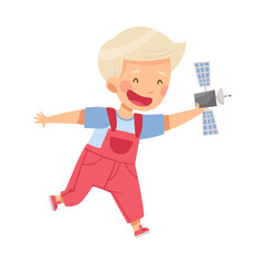 Cute Blond Boy Playing with Toy Spacecraft Vector Illustration