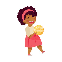 Little African American Girl Carrying Toy Planet of Solar System Studying Space and Galaxy Vector Illustration