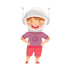 Smiling Boy Wearing Space Helmet Playing Pretending Being Astronaut Vector Illustration