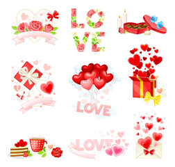 Happy Valentine's Day with Red Heart, Rose Flower and Confectionery Vector Composition Set