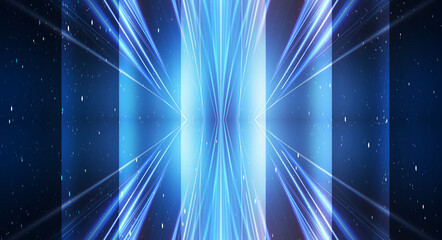 Tunnel in blue neon light, underground passage. Abstract blue background. Background of an empty black corridor with neon light. Abstract background with lines and glow. Light neon tunnel. 