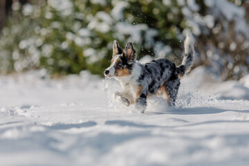 Border collie puppy in winter forest. Snowing landscape