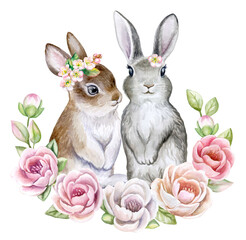 Fototapeta premium Cute bunnies, rabbits in a floral frame, ring isolated on a white background. Easter set, postcard. Peonies, roses. Greeting card design. Clip art.