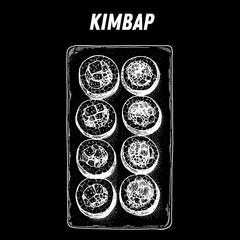 Kimbap sketch, korean food. Hand drawn vector illustration. Sketch style. Top view. Vintage vector illustration.